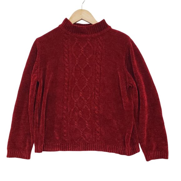 Vintage Alfred Dunner Petite Red Chenille Mock Neck Cable Knit Sweater Size PL - Picture 1 of 5